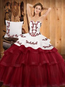 Burgundy Strapless Neckline Embroidery and Ruffled Layers 15 Quinceanera Dress Sleeveless Lace Up