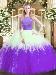 Fancy Ball Gowns Quinceanera Gown Multi-color Halter Top Tulle Sleeveless Floor Length Zipper