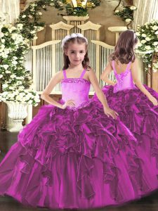 Ball Gowns Little Girl Pageant Gowns Fuchsia Straps Organza Sleeveless Floor Length Lace Up