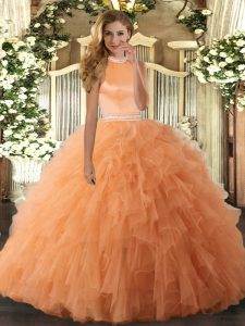 Elegant Floor Length Ball Gowns Sleeveless Orange Quinceanera Gown Backless