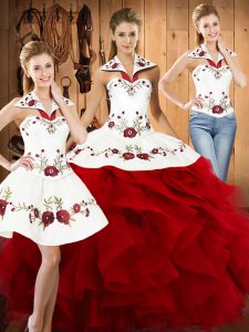 Popular Wine Red Sleeveless Embroidery and Ruffles Floor Length Vestidos de Quinceanera