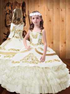 Straps Sleeveless Girls Pageant Dresses Floor Length Embroidery and Ruffled Layers White Satin and Organza