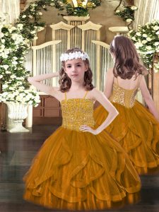 Trendy Spaghetti Straps Sleeveless Lace Up Little Girl Pageant Gowns Brown Tulle