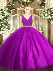 Delicate Ball Gowns Quinceanera Gown Purple V-neck Tulle Sleeveless Floor Length Zipper