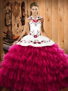 Affordable Satin and Organza Sleeveless Floor Length 15th Birthday Dress and Embroidery and Ruffled Layers