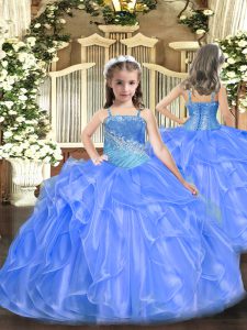 Inexpensive Floor Length Lace Up Glitz Pageant Dress Blue for Party and Sweet 16 and Quinceanera and Wedding Party with 