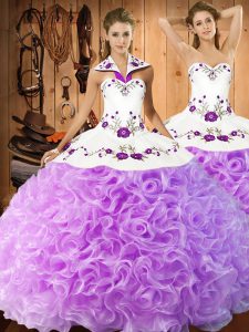 Lilac Sleeveless Fabric With Rolling Flowers Lace Up Quince Ball Gowns for Military Ball and Sweet 16 and Quinceanera