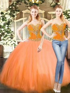 Orange Red Two Pieces Beading Sweet 16 Dress Lace Up Tulle Sleeveless Floor Length