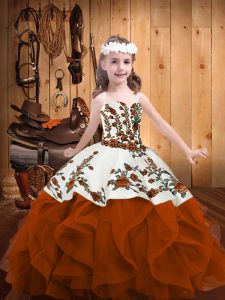 Sleeveless Lace Up Floor Length Embroidery and Ruffles Little Girls Pageant Dress