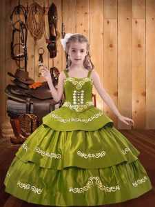 On Sale Olive Green Ball Gowns Straps Sleeveless Taffeta Floor Length Lace Up Embroidery Pageant Dress for Teens