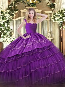 Eggplant Purple Sleeveless Satin and Organza Zipper Quince Ball Gowns for Military Ball and Sweet 16 and Quinceanera