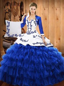 Luxury Blue And White Ball Gowns Embroidery and Ruffled Layers Quinceanera Dresses Lace Up Organza and Taffeta Sleeveles