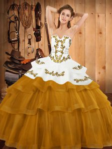 Chic Gold Lace Up Sweet 16 Quinceanera Dress Embroidery and Ruffled Layers Sleeveless Sweep Train