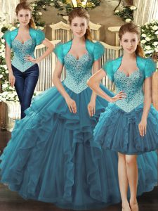 Inexpensive Teal Straps Lace Up Beading and Ruffles 15 Quinceanera Dress Sleeveless