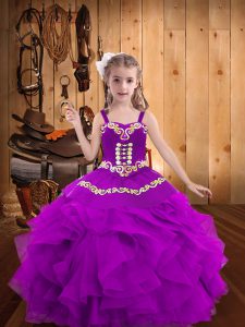 Sleeveless Floor Length Embroidery and Ruffles Lace Up Girls Pageant Dresses with Purple