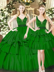Dark Green Quinceanera Dress Military Ball and Sweet 16 and Quinceanera with Beading and Ruching Straps Sleeveless Lace 