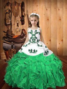 Sleeveless Organza Floor Length Lace Up Little Girls Pageant Dress in Turquoise with Embroidery and Ruffles