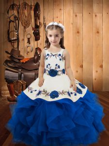 Super Floor Length Blue Child Pageant Dress Tulle Sleeveless Embroidery and Ruffles