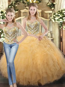 Gold Ball Gowns Beading and Ruffles Sweet 16 Dress Lace Up Tulle Sleeveless Floor Length