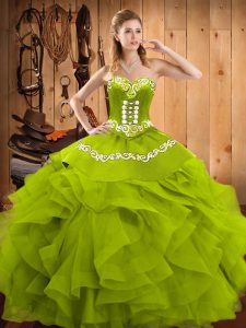 Fashionable Olive Green Lace Up Ball Gown Prom Dress Embroidery and Ruffles Sleeveless Floor Length