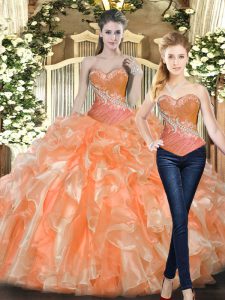 Fantastic Sleeveless Floor Length Beading and Ruffles Lace Up Sweet 16 Dress with Orange Red