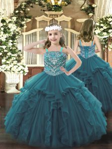 Sleeveless Floor Length Beading and Ruffles Lace Up Little Girl Pageant Dress with Teal