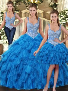 Ball Gowns Quince Ball Gowns Teal Straps Tulle Sleeveless Floor Length Lace Up