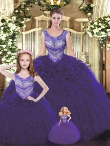 Affordable Sleeveless Tulle Floor Length Lace Up 15th Birthday Dress in Dark Purple with Beading and Ruffles