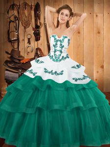 Turquoise Quinceanera Gown Tulle Sweep Train Sleeveless Embroidery and Ruffled Layers