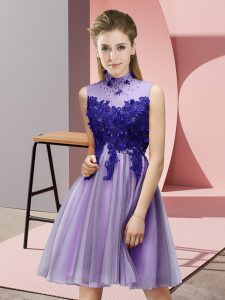 Dazzling Appliques Dama Dress Lavender Lace Up Sleeveless Knee Length
