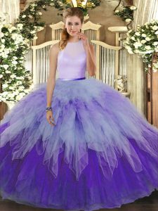 Super Multi-color Backless High-neck Ruffles Quince Ball Gowns Tulle Sleeveless