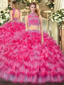 Tulle Sleeveless Floor Length Quinceanera Gowns and Beading and Ruffled Layers