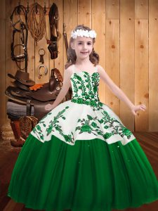 Top Selling Dark Green Tulle Lace Up High School Pageant Dress Sleeveless Floor Length Embroidery