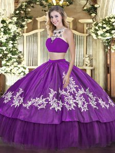 Purple Two Pieces Tulle High-neck Sleeveless Beading and Appliques and Ruffles Floor Length Backless Quinceanera Dresses