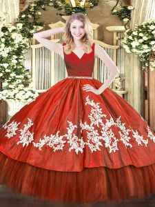 Eye-catching Wine Red V-neck Zipper Beading and Appliques Quinceanera Gowns Sleeveless