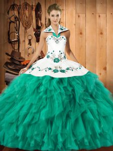 Halter Top Sleeveless Quinceanera Dresses Floor Length Embroidery and Ruffles Turquoise Satin and Organza