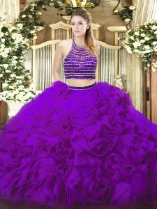 Customized Floor Length Eggplant Purple Quinceanera Gowns Halter Top Sleeveless Lace Up