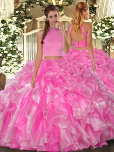 Flare Halter Top Sleeveless Organza Quinceanera Dresses Beading and Ruffles Backless