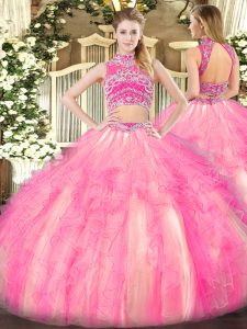 New Style Watermelon Red and Rose Pink Tulle Backless High-neck Sleeveless Floor Length Sweet 16 Quinceanera Dress Beadi