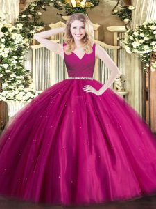 Dazzling Fuchsia Ball Gowns V-neck Sleeveless Tulle Floor Length Zipper Beading Sweet 16 Quinceanera Dress