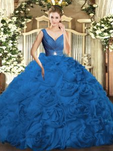 Latest Blue Fabric With Rolling Flowers Backless V-neck Sleeveless Floor Length Sweet 16 Dress Beading and Ruching