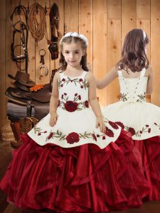 Floor Length Wine Red Child Pageant Dress Organza Sleeveless Embroidery and Ruffles