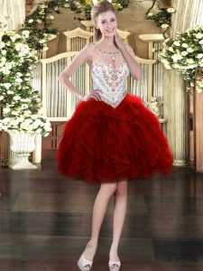 Beading and Ruffles Prom Dresses Wine Red Zipper Sleeveless Mini Length