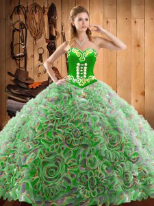 Sleeveless Satin and Fabric With Rolling Flowers With Train Sweep Train Lace Up Quince Ball Gowns in Multi-color with Em