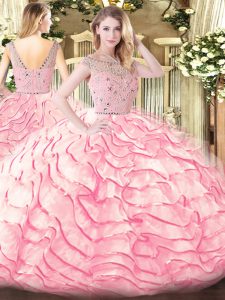 Beading and Ruffled Layers Ball Gown Prom Dress Baby Pink Zipper Sleeveless Sweep Train
