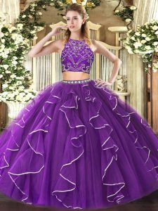Beading and Ruffles Vestidos de Quinceanera Purple Zipper Sleeveless Floor Length