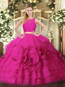 Dramatic Sleeveless Tulle Floor Length Zipper Sweet 16 Dresses in Hot Pink with Ruffles