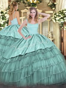 Exquisite Blue Ball Gowns Organza Straps Sleeveless Embroidery and Ruffled Layers Floor Length Zipper Sweet 16 Quinceane