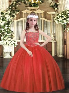 Excellent Red Ball Gowns Beading Pageant Gowns For Girls Zipper Tulle Sleeveless Floor Length