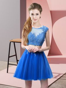 Scoop Sleeveless Prom Evening Gown Mini Length Appliques Blue Tulle